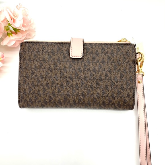 Michael Kors Jet Set Travel Double Zip Wristlet - Brown Signature/ Powder Blush - Picture 2 of 10